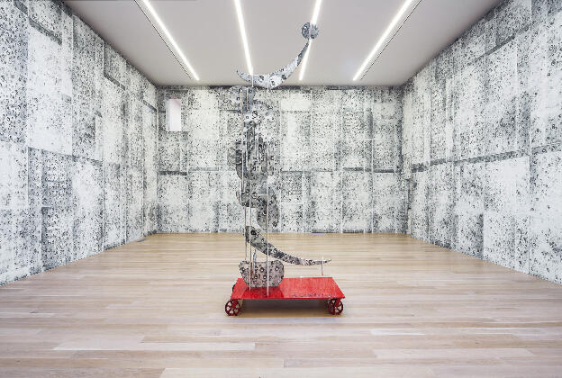 Aaron Curry, The Monad Has Wheels (Wooden Knight), 2010 and Untitled, 2010; installed Rennie Collection, 2013